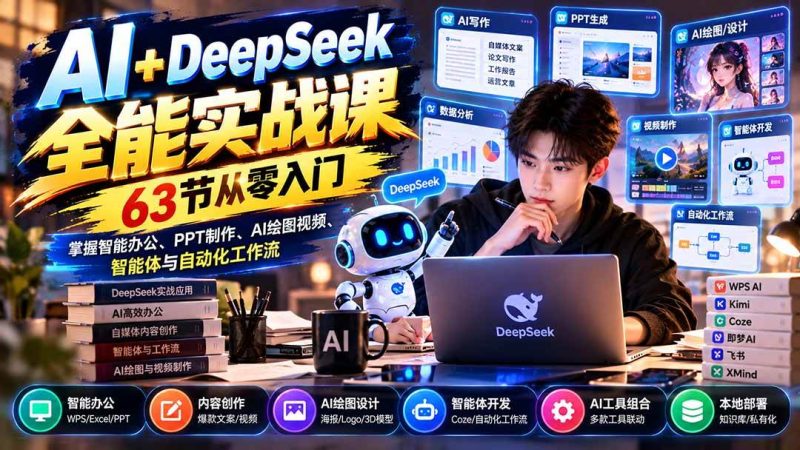AI+DeepSeek全能实战课：63节从零入门，掌握智能办公、PPT制作、AI绘图视频、智能体与自动化工作流|52搬砖-我爱搬砖网