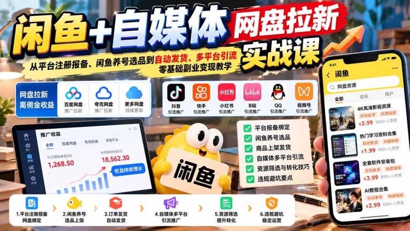 闲鱼+自媒体网盘拉新实战课:从平台注册报备、闲鱼养号选品到自动发货、多平台引流,零基础副业变现教学|52搬砖-我爱搬砖网