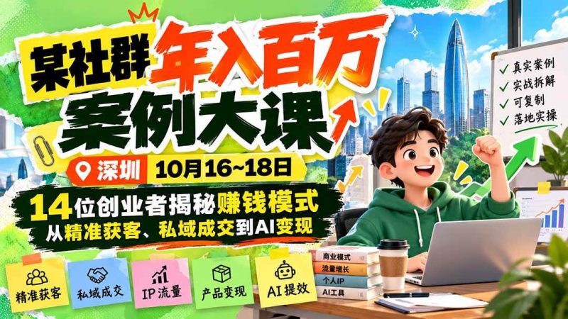 某社群年入百万案例大课-深圳10月16~18日：14位创业者揭秘赚钱模式，从精准获客、私域成交到AI变现|52搬砖-我爱搬砖网