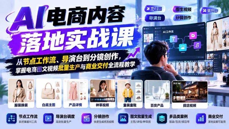 AI电商内容落地实战课：从节点工作流、导演台到分镜创作，掌握电商图文视频批量生产与商业交付全流程教学|52搬砖-我爱搬砖网