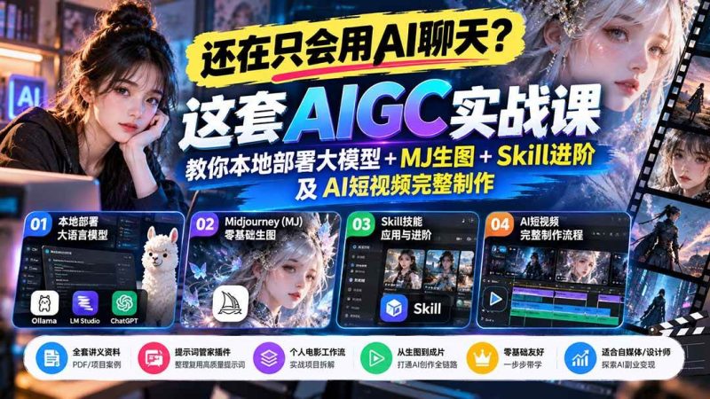【无水印】还在只会用AI聊天?这套AIGC实战课教你本地部署大模型+MJ生图+Skill进阶及AI短视频完整制作|52搬砖-我爱搬砖网