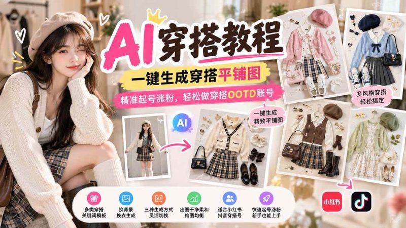 【无水印】AI穿搭教程｜一键生成穿搭平铺图，精准起号涨粉，轻松做穿搭OOTD账号|52搬砖-我爱搬砖网