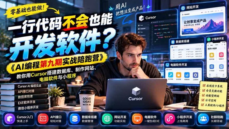 一行代码不会也能开发软件?《AI编程第九期实战陪跑营》教你用Cursor搭建数据库、制作网站、电脑软件与小程序|52搬砖-我爱搬砖网