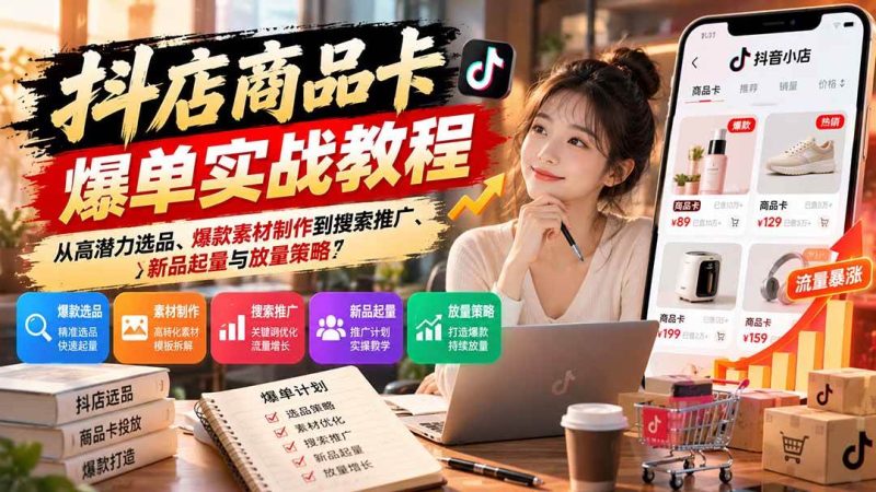 抖店商品卡爆单实战教程:从高潜力选品、爆款素材制作到搜索推广、新品起量与放量策略|52搬砖-我爱搬砖网