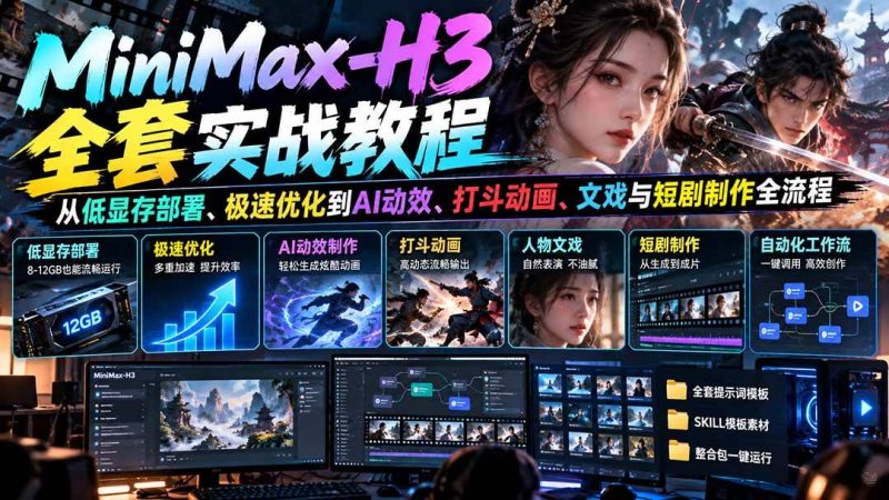 MiniMax-H3全套实战教程:从低显存部署、极速优化到AI动效、打斗动画、文戏与短剧制作全流程|52搬砖-我爱搬砖网