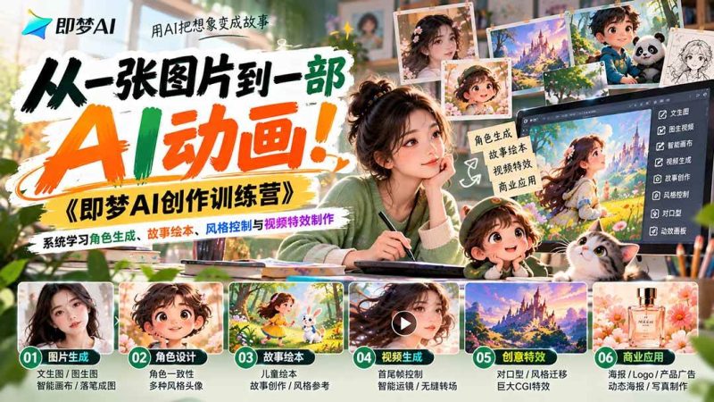 【无水印】从一张图片到一部AI动画!《即梦AI创作训练营》系统学习角色生成、故事绘本、风格控制与视频特效制作|52搬砖-我爱搬砖网