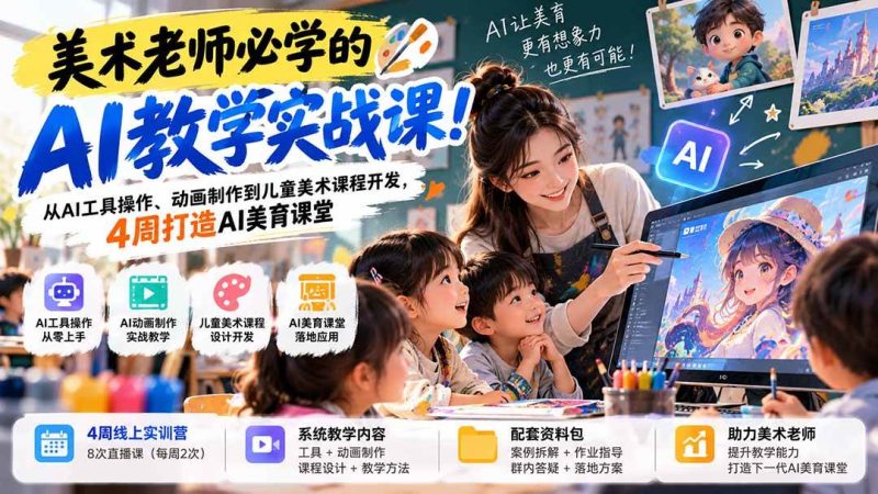 美术老师必学的AI教学实战课！从AI工具操作、动画制作到儿童美术课程开发，4周打造AI美育课堂|52搬砖-我爱搬砖网