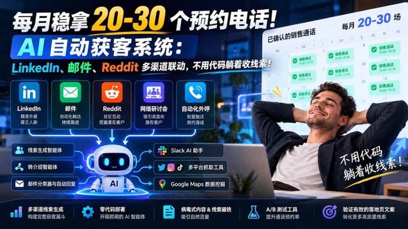 每月稳拿 20-30 个预约电话！AI 自动获客系统：LinkedIn、邮件、Reddit 多渠道联动，不用代码躺着收线索！|52搬砖-我爱搬砖网