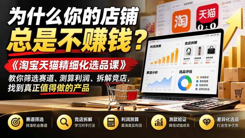 为什么你的店铺总是不赚钱？《淘宝天猫精细化选品课》教你筛选赛道、测算利润、拆解竞店，找到真正值得做的产品|52搬砖-我爱搬砖网