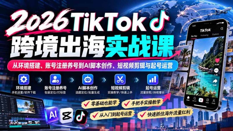 2026TikTok跨境出海实战课：从环境搭建、账号注册养号到AI脚本创作、短视频剪辑与起号运营|52搬砖-我爱搬砖网