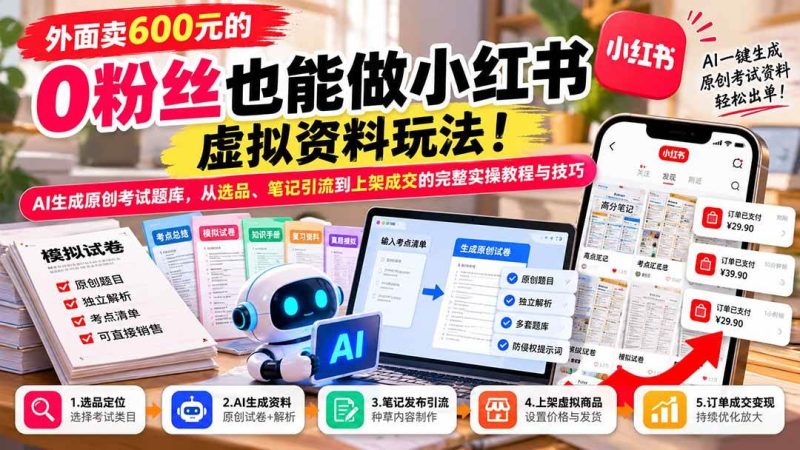 外面卖600元的 零粉丝也能做小红书虚拟资料玩法！AI生成原创考试题库，从选品、笔记引流到上架成交的完整实操教程|52搬砖-我爱搬砖网