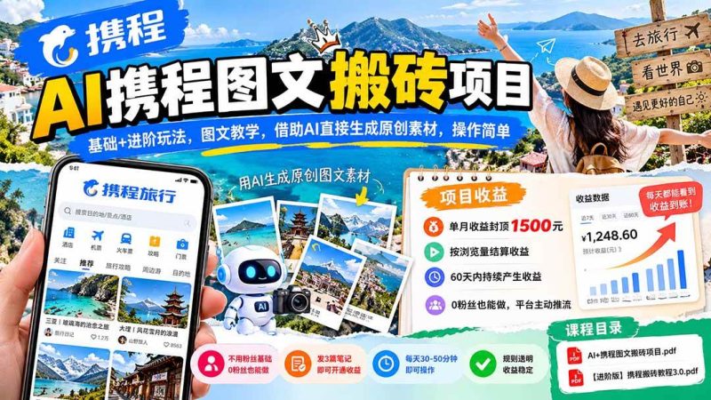 AI携程图文搬砖项目，基础+进阶玩法，图文教学，借助AI直接生成原创素材，操作简单|52搬砖-我爱搬砖网