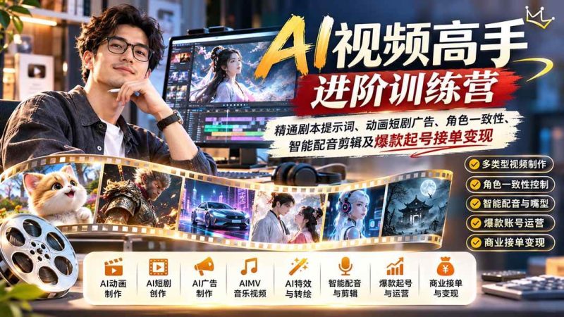 AI视频高手进阶训练营：精通剧本提示词、动画短剧广告、角色一致性、智能配音剪辑及爆款起号接单变现|52搬砖-我爱搬砖网