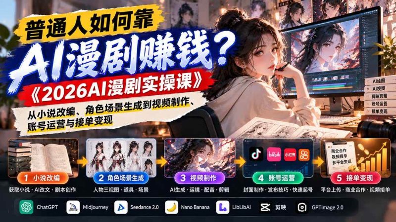 普通人如何靠AI漫剧赚钱？《2026AI漫剧实操课》从小说改编、角色场景生成到视频制作、账号运营与接单变现|52搬砖-我爱搬砖网