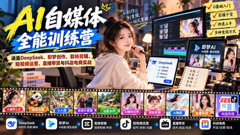 【无水印】AI+自媒体全能训练营：涵盖DeepSeek、即梦创作、剪映剪辑、短视频运营、直播带货与抖店电商实战|52搬砖-我爱搬砖网