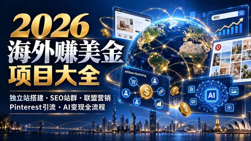 2026海外赚美金项目大全：独立站搭建、SEO站群、联盟营销、Pinterest引流与AI变现全流程|52搬砖-我爱搬砖网