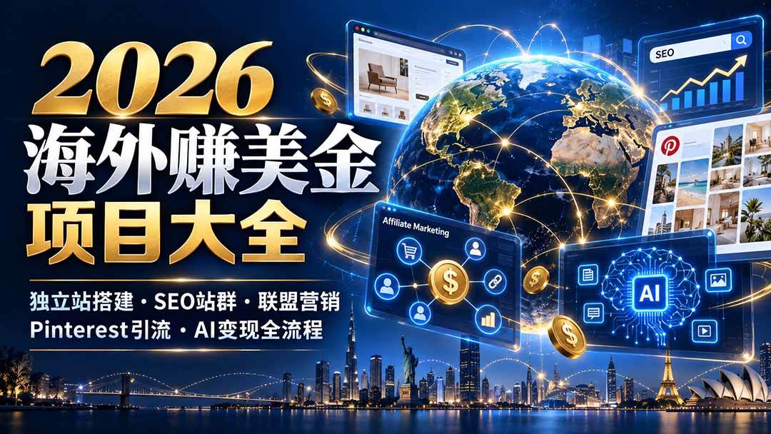 图片[1]|2026海外赚美金项目大全：独立站搭建、SEO站群、联盟营销、Pinterest引流与AI变现全流程|52搬砖-我爱搬砖网