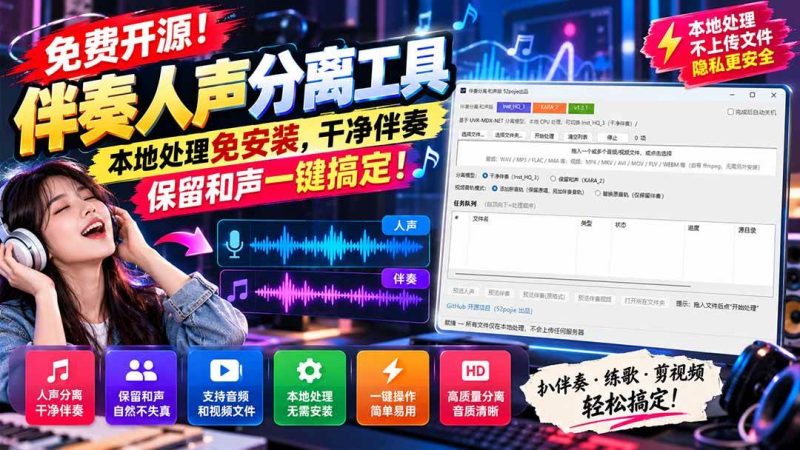 免费开源！伴奏人声分离工具，本地处理免安装，干净伴奏，保留和声一键搞定！|52搬砖-我爱搬砖网