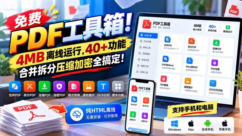 免费PDF工具箱！4MB离线运行，40+功能，合并拆分压缩加密全搞定！|52搬砖-我爱搬砖网
