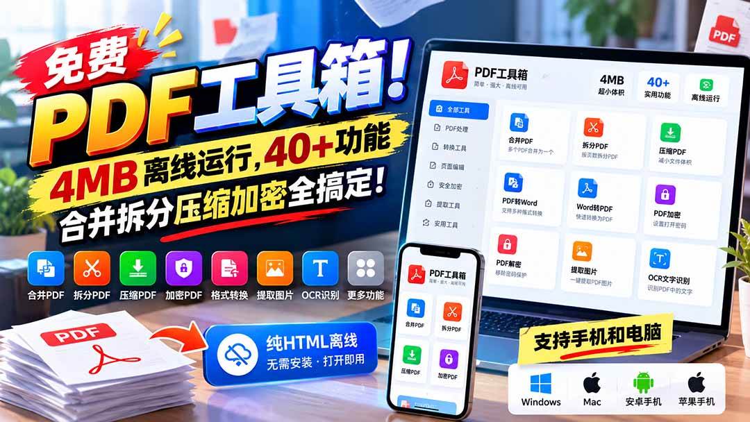 图片[1]|免费PDF工具箱！4MB离线运行，40+功能，合并拆分压缩加密全搞定！|52搬砖-我爱搬砖网