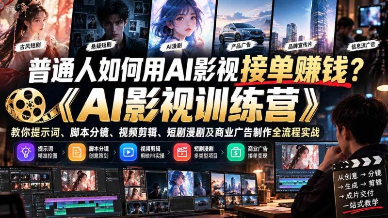普通人如何用AI影视接单赚钱？《AI影视训练营》教你提示词、脚本分镜、视频剪辑、短剧漫剧及商业广告制作全流程实战|52搬砖-我爱搬砖网