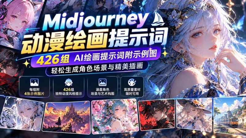 Midjourney动漫绘画提示词：426组AI绘画提示词附示例图，轻松生成角色场景与精美插画|52搬砖-我爱搬砖网