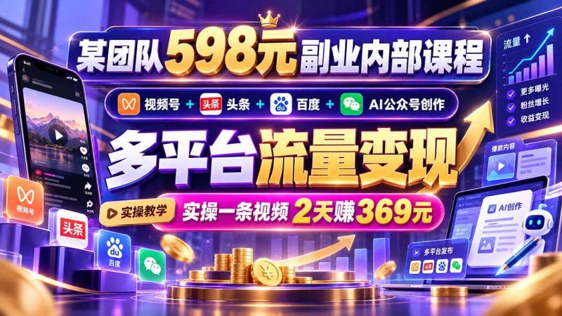某团队598元副业内部课程：视频号+头条+百度+AI公众号创作、多平台流量变现，实操一条视频2天赚369元|52搬砖-我爱搬砖网