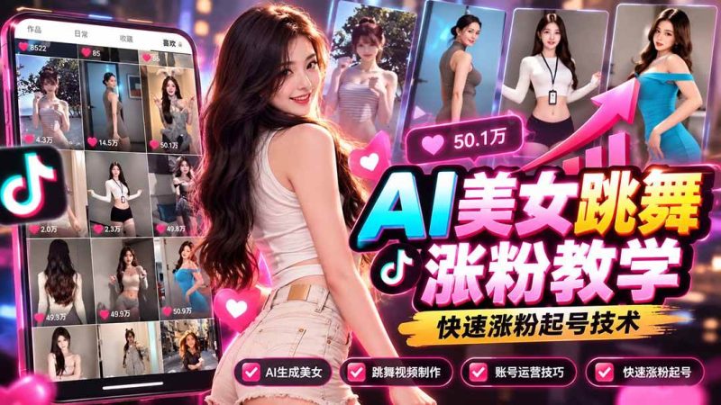 AI美女跳舞涨粉教学，AI生成美女，跳舞视频制作，账号运营与快速起号涨粉|52搬砖-我爱搬砖网