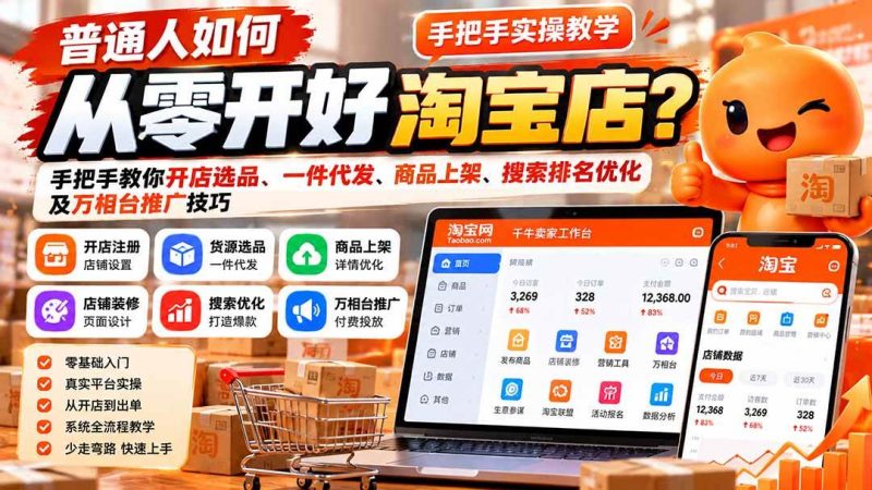 普通人如何从零开好淘宝店？手把手教你开店选品、一件代发、商品上架、搜索排名优化及万相台推广技巧|52搬砖-我爱搬砖网