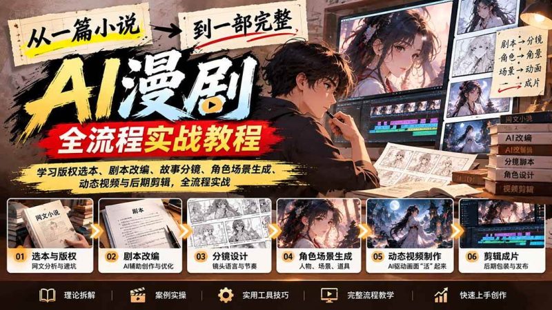 从一篇小说到一部完整AI漫剧：学习版权选本、剧本改编、故事分镜、角色场景生成、动态视频与后期剪辑|52搬砖-我爱搬砖网