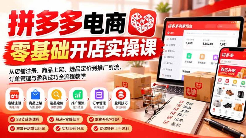 拼多多电商零基础开店实操课：从店铺注册、商品上架、选品定价到推广引流、订单管理与盈利技巧全流程教学|52搬砖-我爱搬砖网